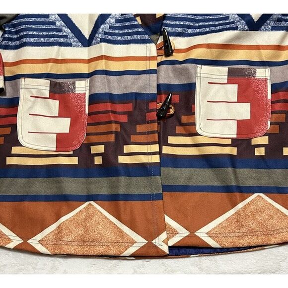 AZTEC PRINT ￼ Womens Hooded Poncho Coat Lined Horn Buttons Closure 3XL Warm - Picture 11 of 15